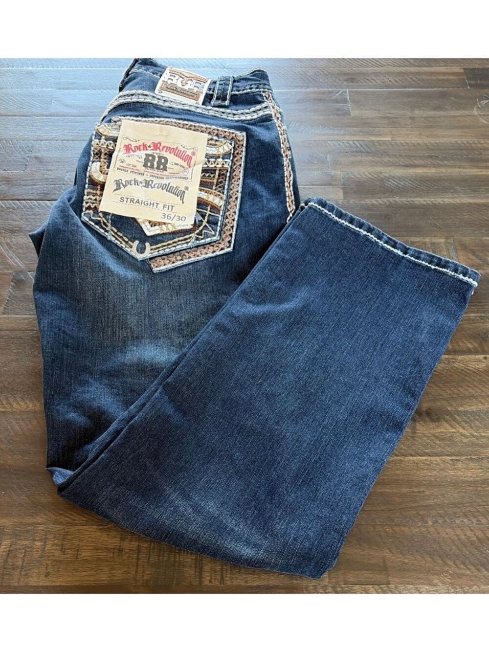 Rock Revolution Straight Fit Jeans 36x30 Dark Wash NWT Embroidered